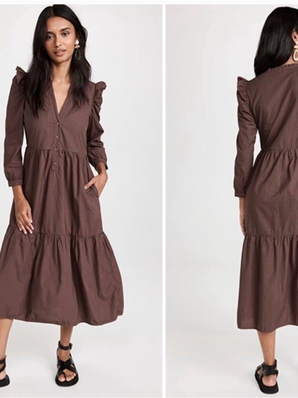 Nation LTD Noelle Tiered Midi Dress Poplin Ruffle Shoulder Pockets Brown XS